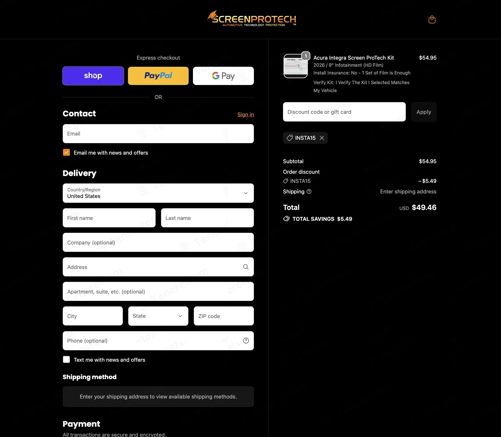 Screen ProTech coupon code: 10% off with INSTA15. Tested and valid as 1 month ago.