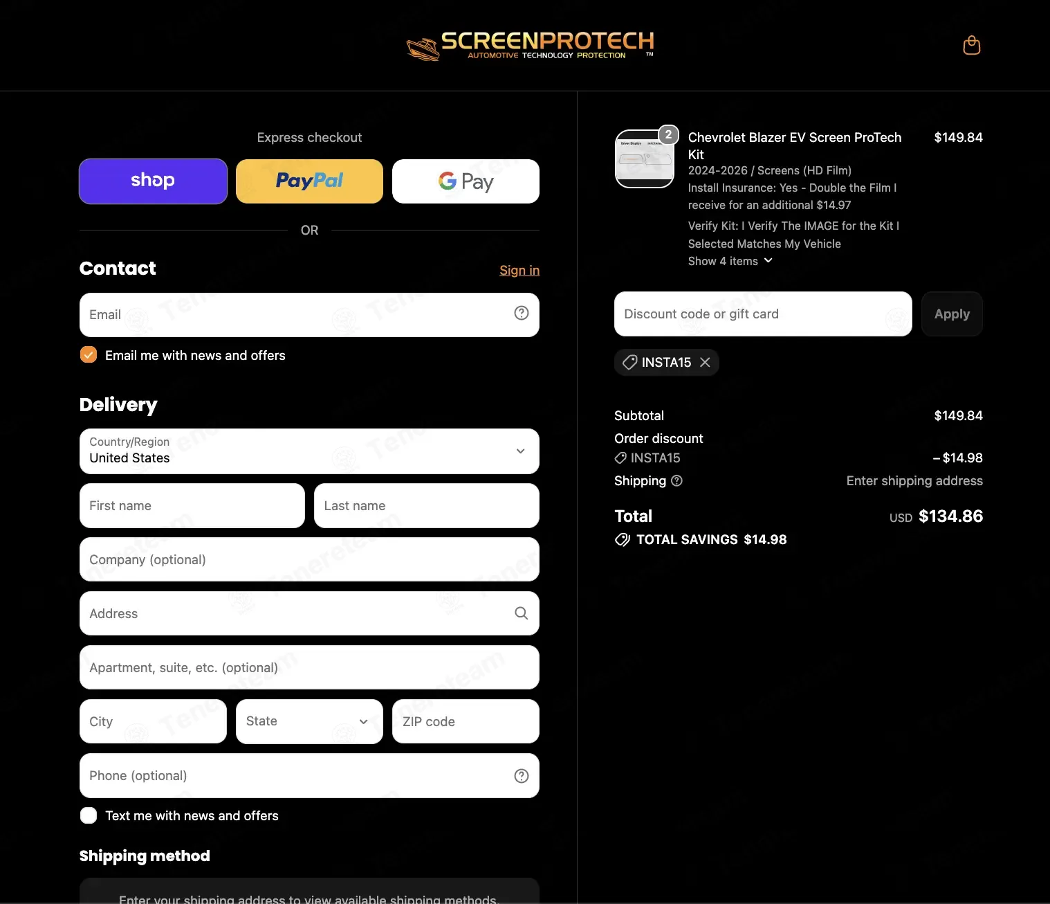 Screen ProTech coupon code: 10% off with INSTA15. Tested and valid as 1 month ago.