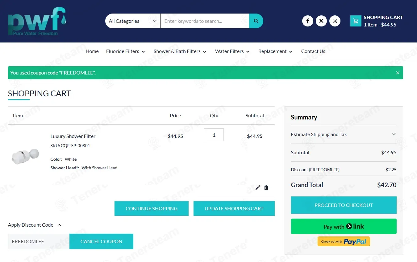 Pure Water Freedom coupon code: 5% off with FREEDOMLEE. Tested and valid as 8 months ago.