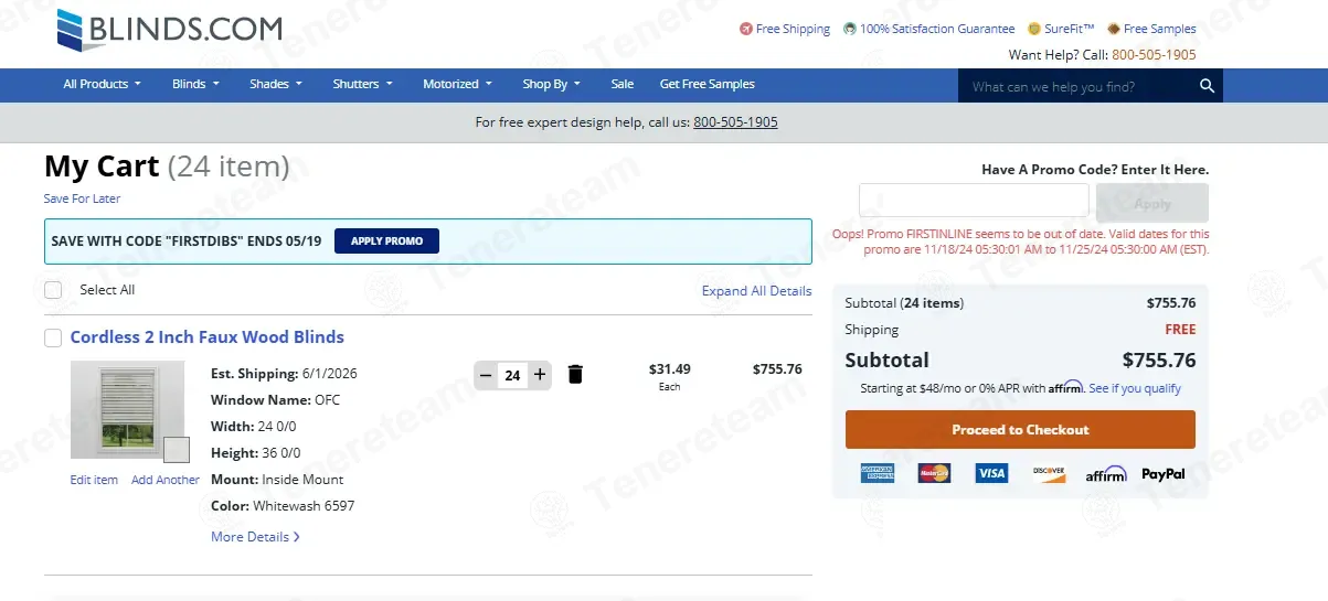 Blinds.com coupon code: 45% off with FIRSTINLINE. Tested and valid as 1 month ago.