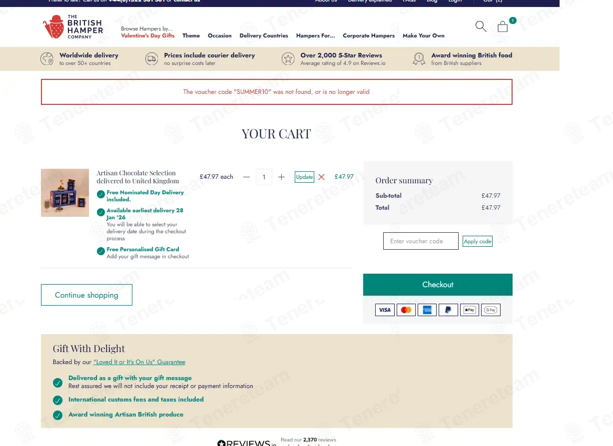 The British Hamper Company coupon code: 10% off with SUMMER10. Tested and valid as 4 months ago.