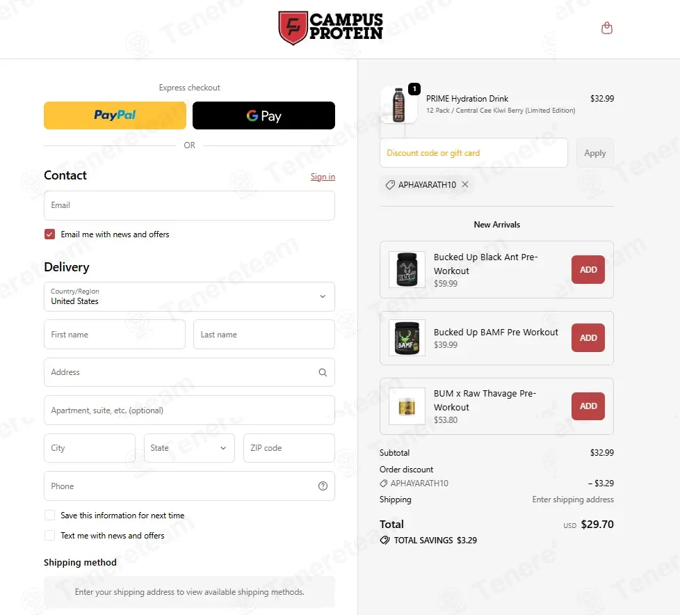 Campus Protein coupon code: 10% off with APHAYARATH10. Tested and valid as 7 months ago.