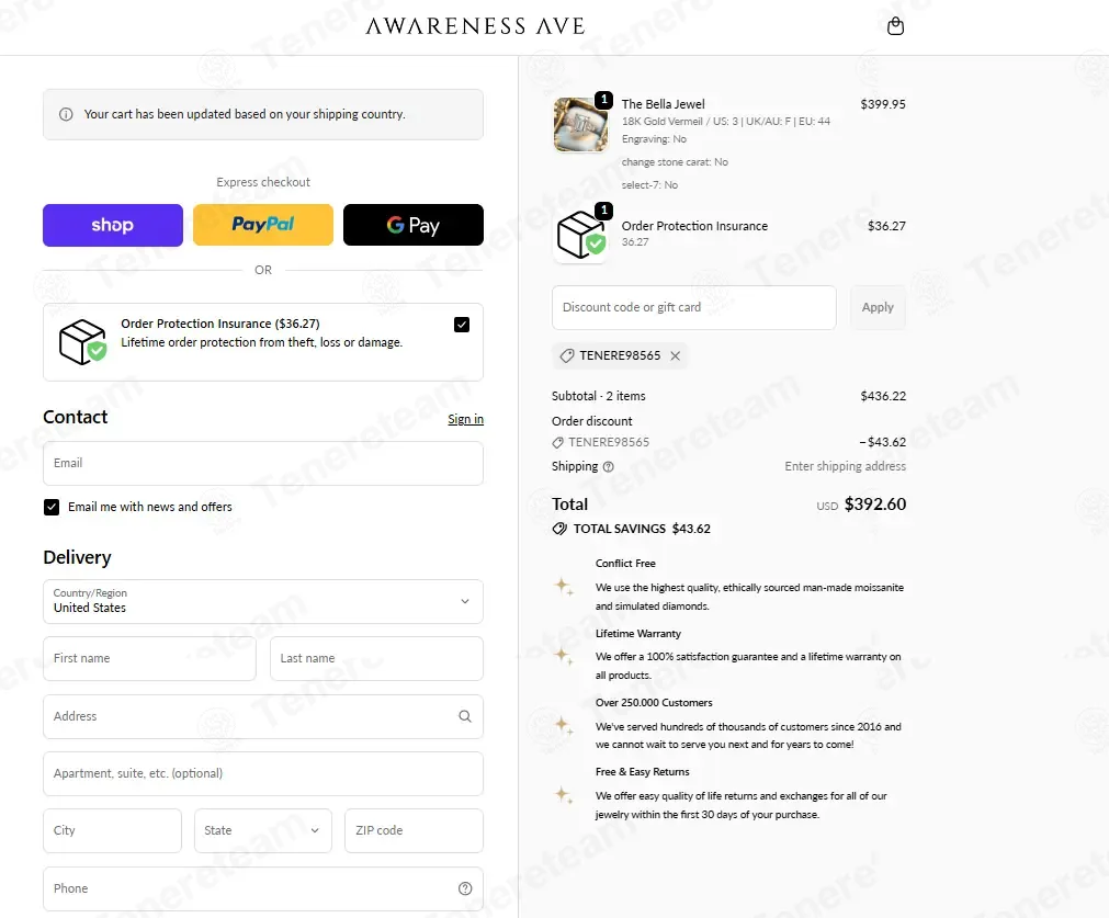 Awareness Avenue coupon code: 10% off with TENERE98565. Tested and valid as 4 weeks ago.