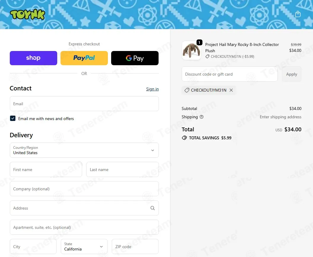 Toynk Toys coupon code: 15% off with CHECKOUTJYM31N. Tested and valid as 3 weeks ago.