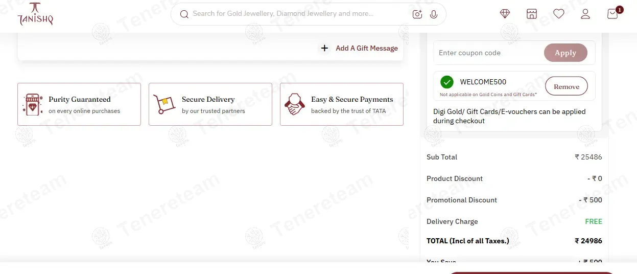 Tanishq coupon code: Rs500 off with WELCOME500. Tested and valid as 6 months ago.