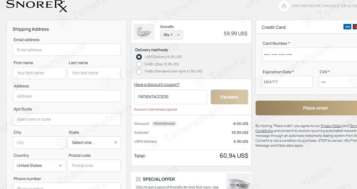 SnoreRx coupon code: 10% off with PATIENTACCESS. Tested and valid as 3 months ago.