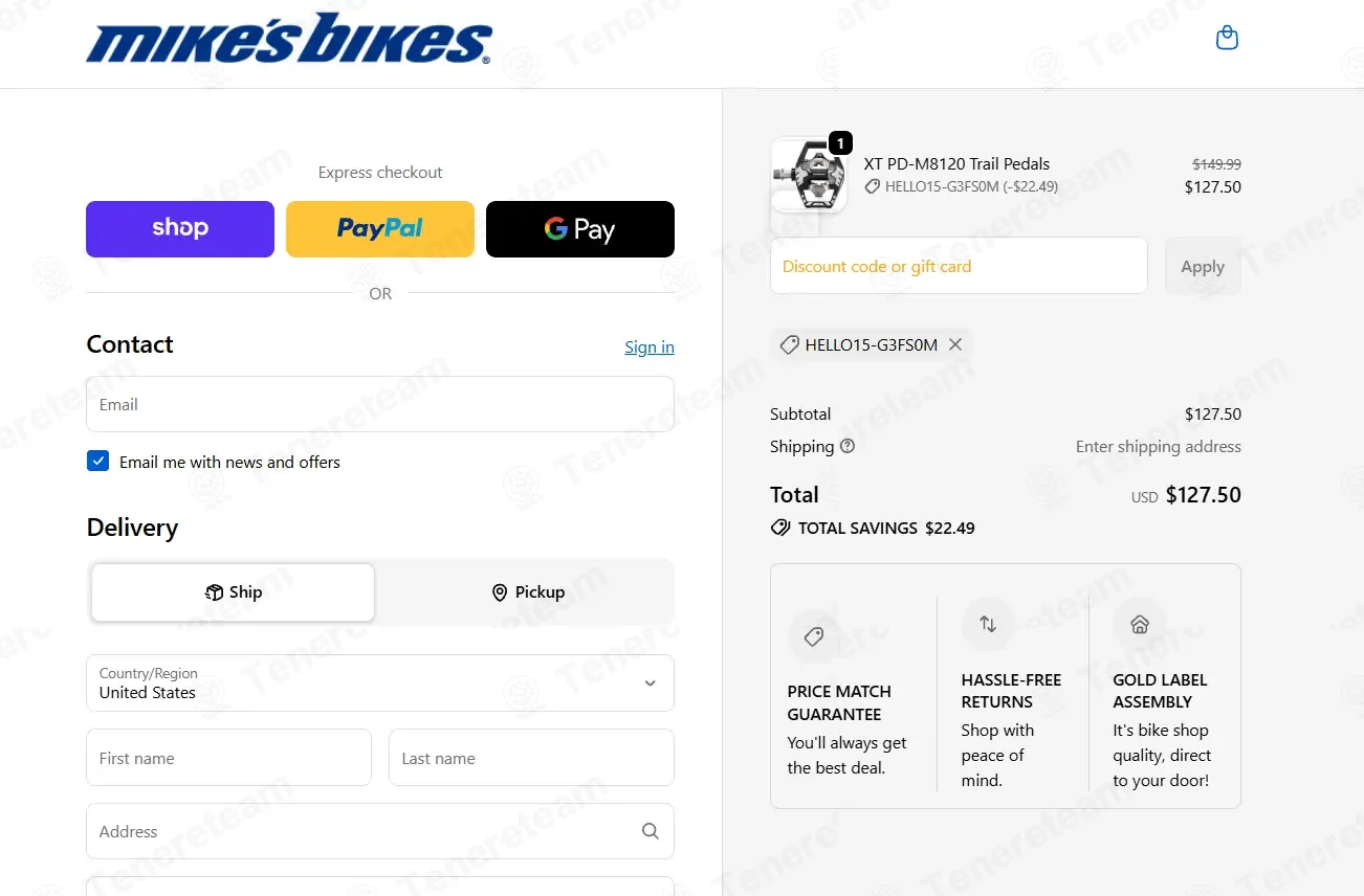 Mikes Bikes coupon code: 15% off with HELLO15-G3FS0M. Tested and valid as 2 weeks ago.