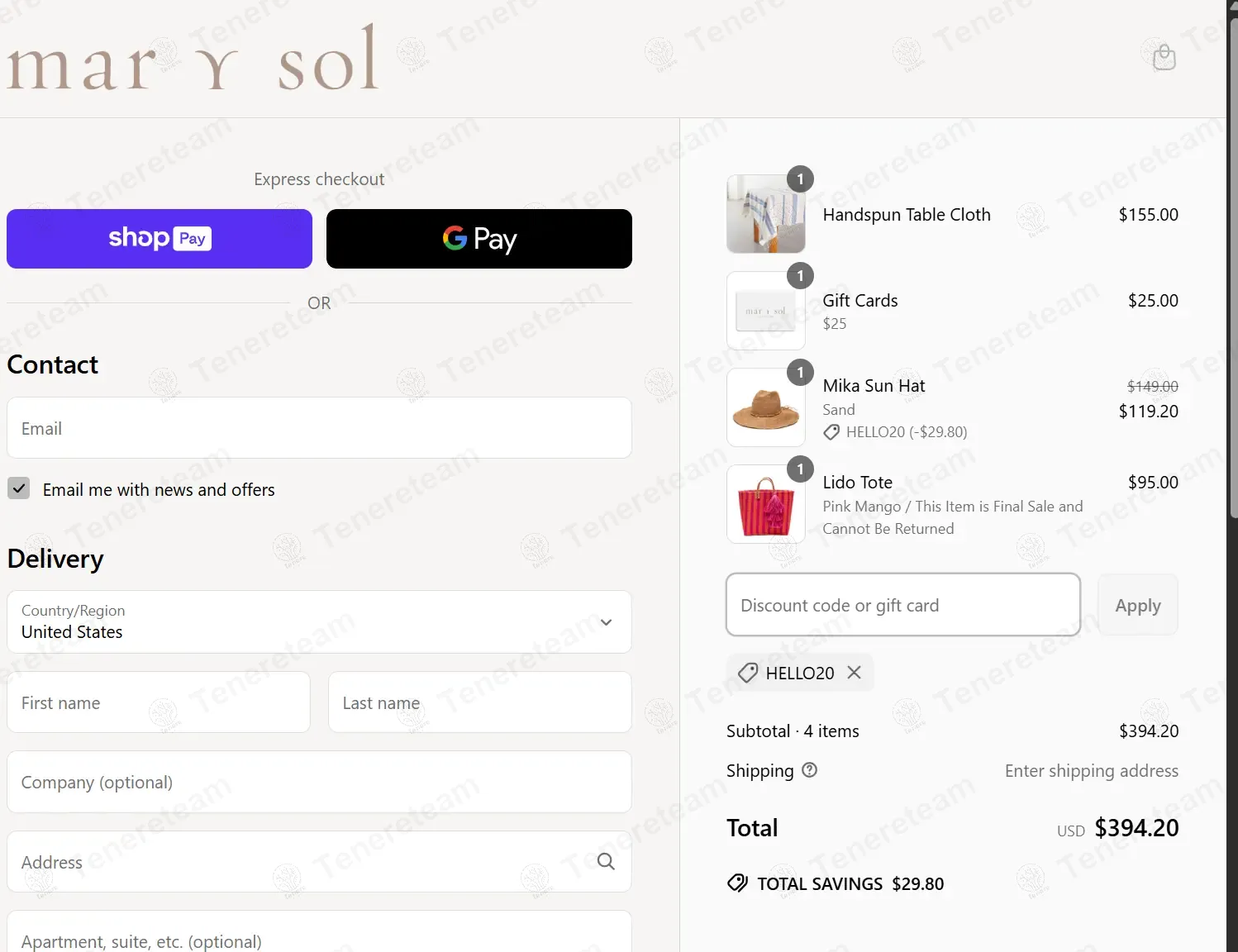 Mar Y Sol coupon code: 20% off with HELLO20. Tested and valid as 1 year ago.