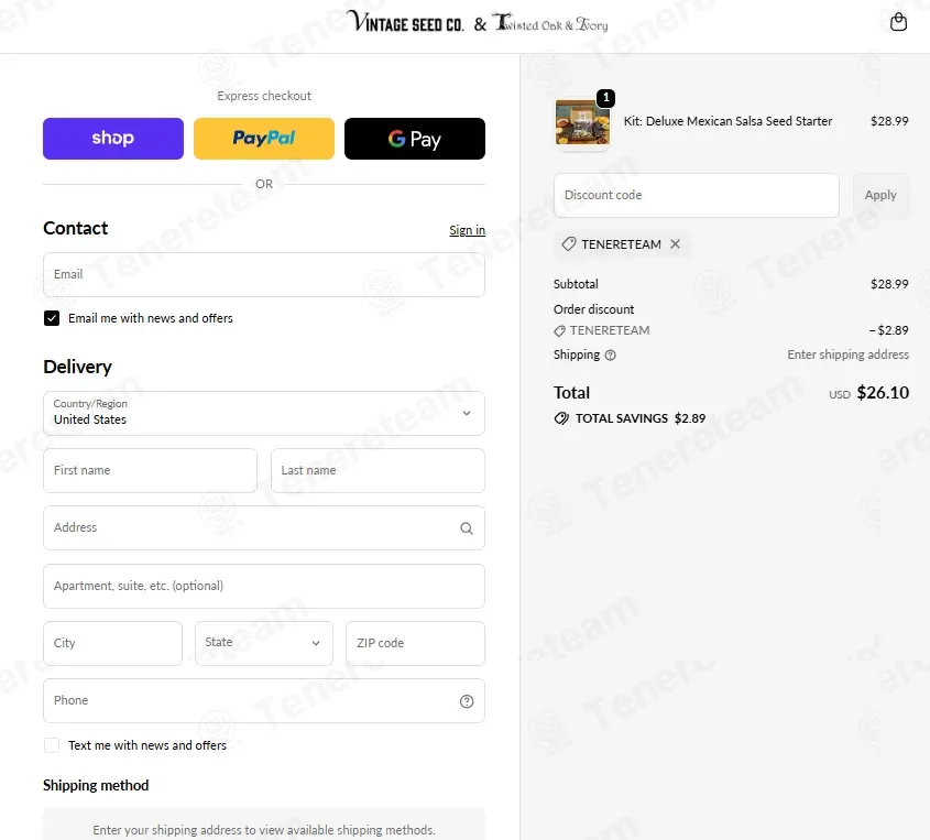 Vintage Seed Co coupon code: 10% off with TENERETEAM. Tested and valid as 1 month ago.