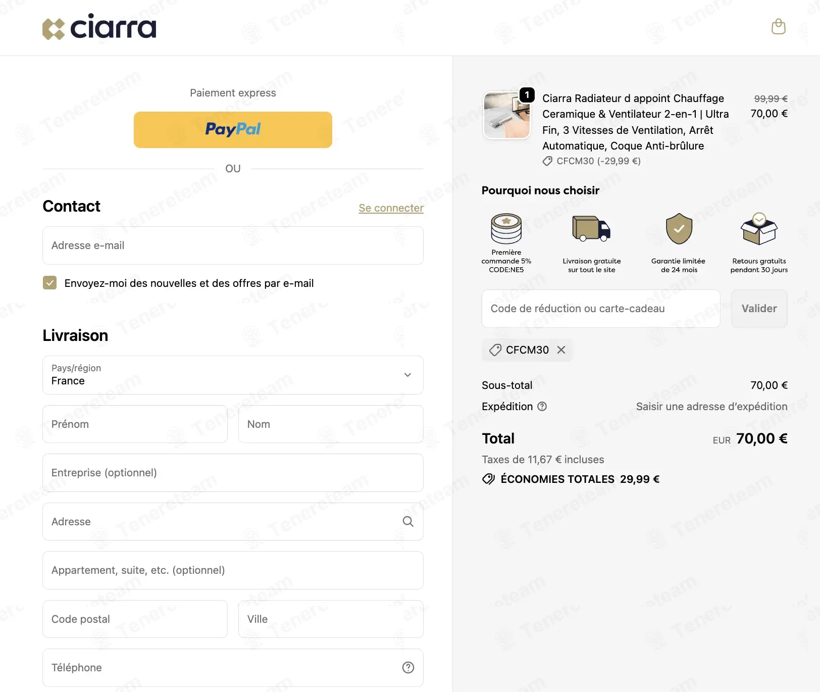 Ciarra Appliances FR coupon code: 30% off with CFCM30. Tested and valid as 7 months ago.