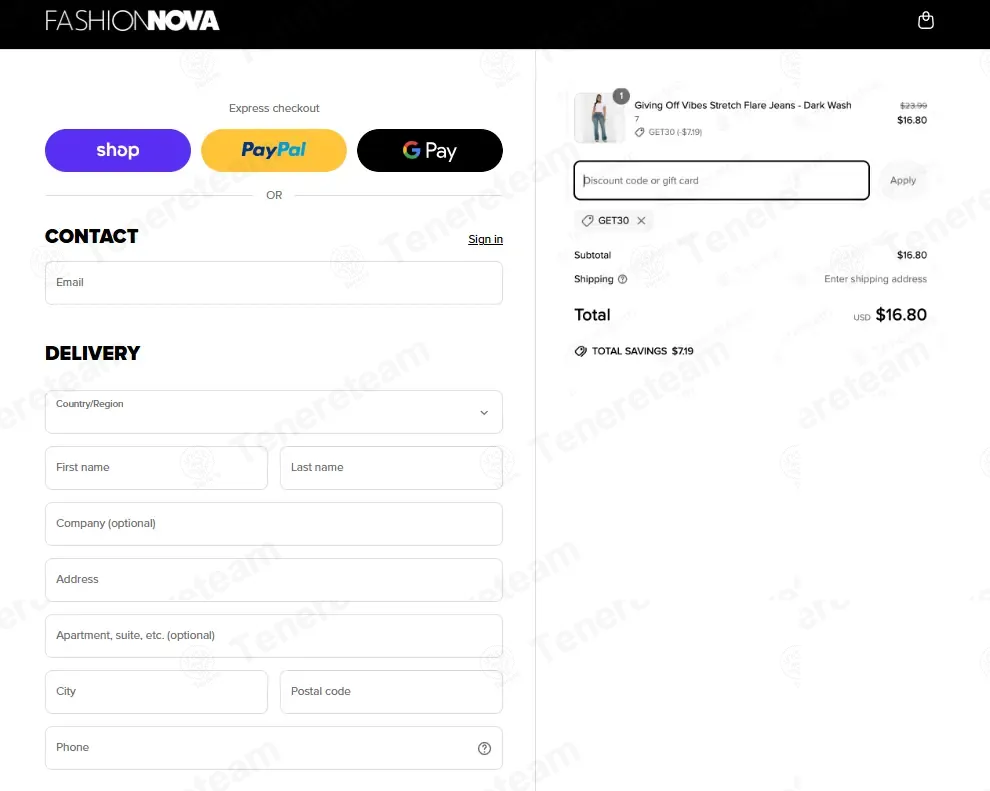 Fashion Nova coupon code: 30% off with get30. Tested and valid as 6 months ago.