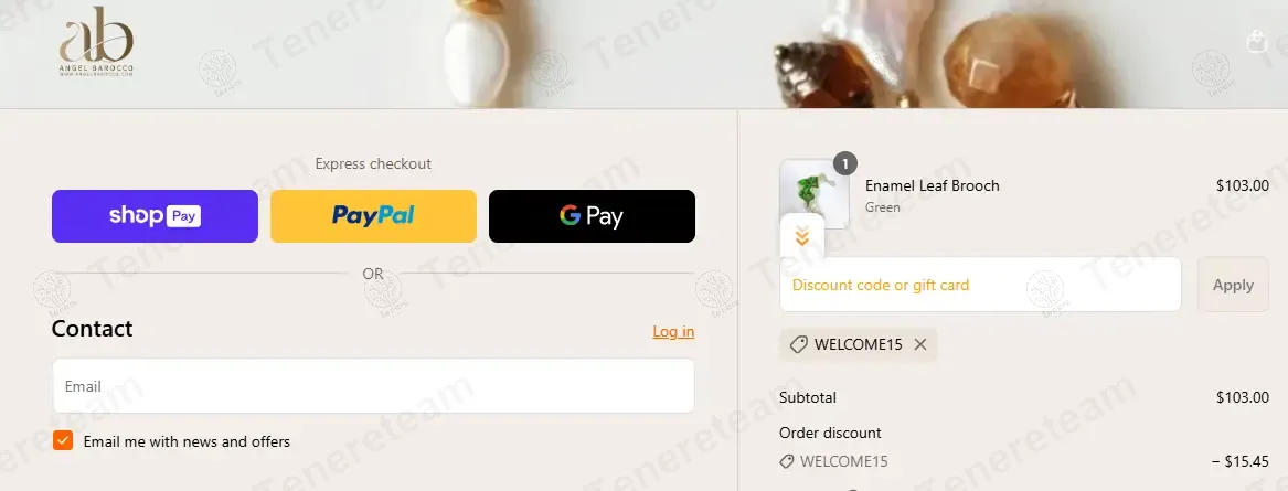 Angel Barocco coupon code: 15% off with WELCOME15. Tested and valid as 1 year ago.