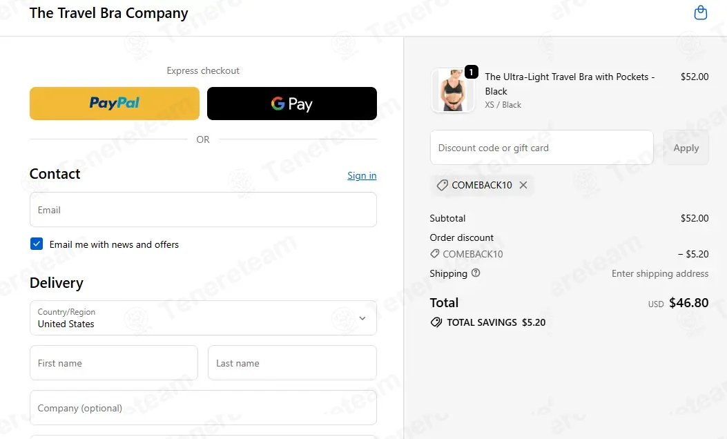 The Travel Bra coupon code: 10% off with COMEBACK10. Tested and valid as 4 weeks ago.