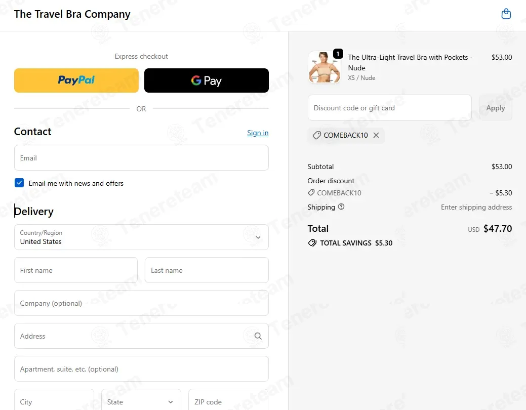 The Travel Bra coupon code: 10% off with COMEBACK10. Tested and valid as 4 weeks ago.