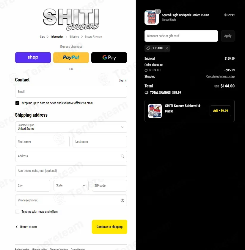 Shiti Coolers coupon code: 10% off with GETSHITI. Tested and valid as 3 months ago.