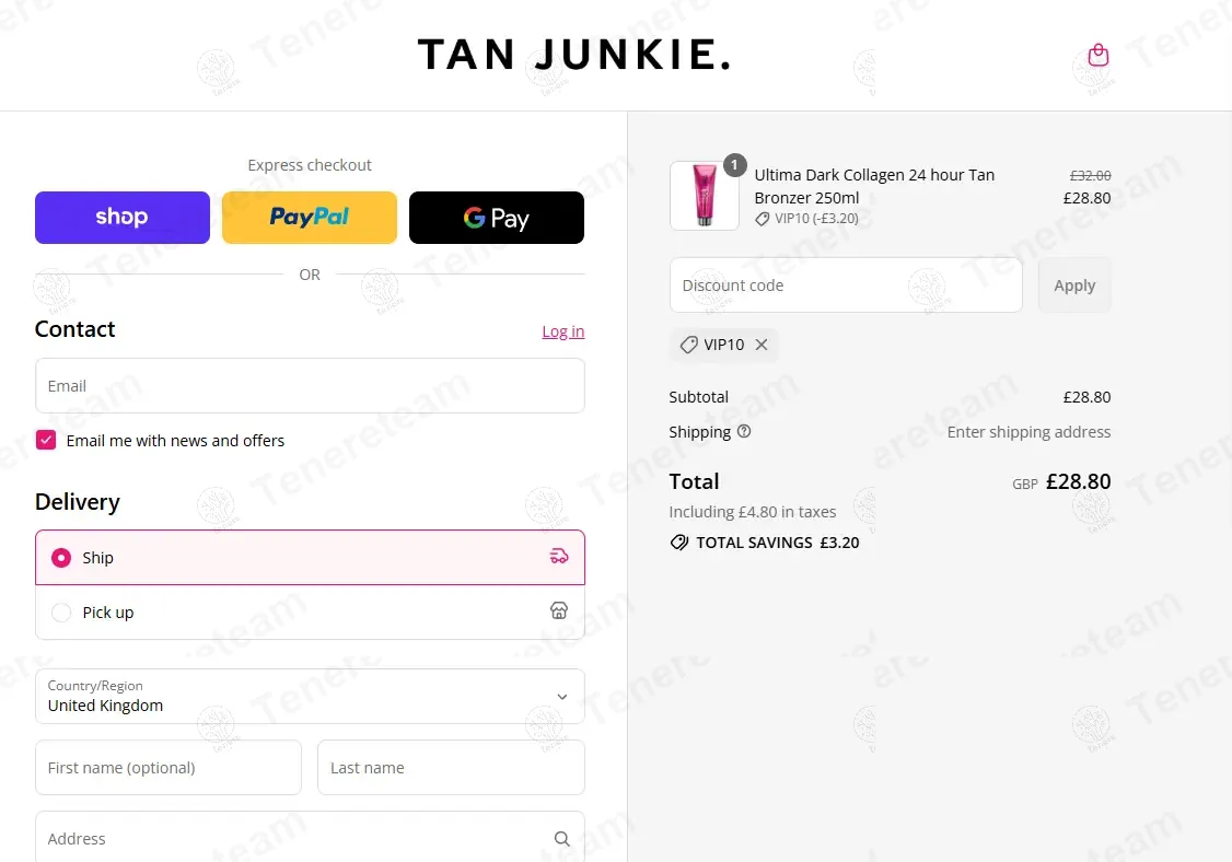 Tan Junkie coupon code: 10% off with VIP10. Tested and valid as 9 months ago.