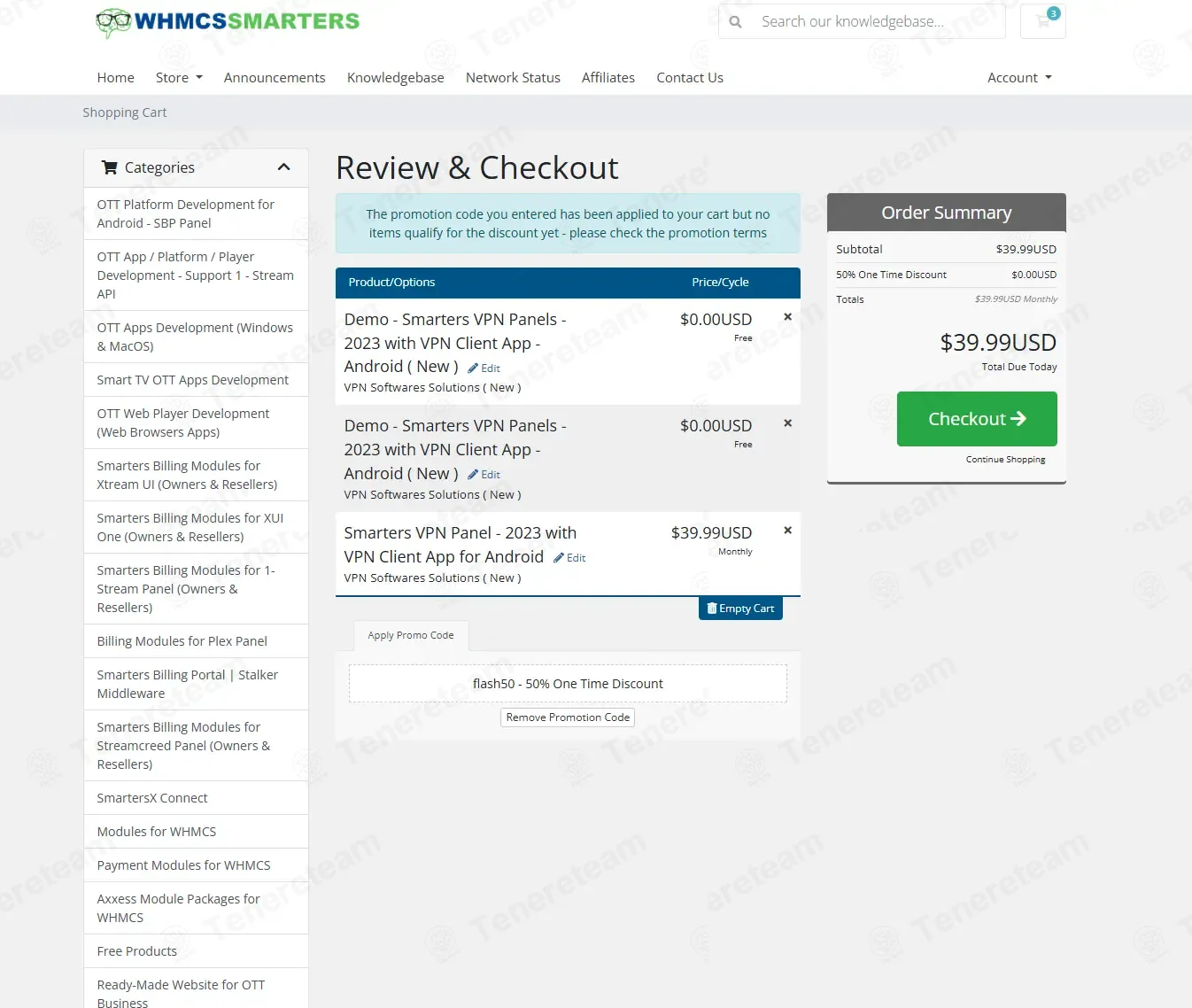 Whmcs Smarters coupon code: 50% off with flash50. Tested and valid as 3 months ago.