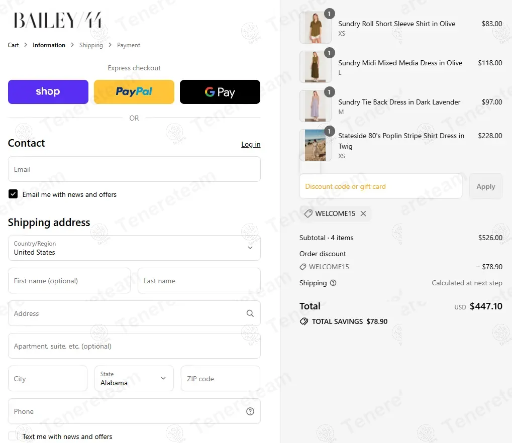 Bailey 44 coupon code: 15% off with WELCOME15. Tested and valid as 9 months ago.