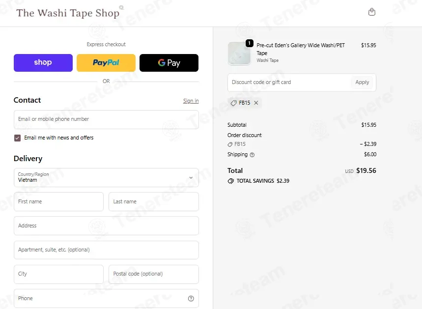 The Washi Tape Shop coupon code: 15% off with FB15. Tested and valid as 2 weeks ago.
