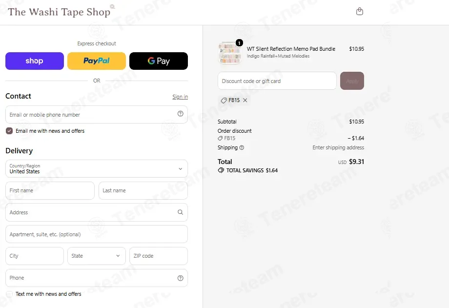 The Washi Tape Shop coupon code: 15% off with FB15. Tested and valid as 2 weeks ago.