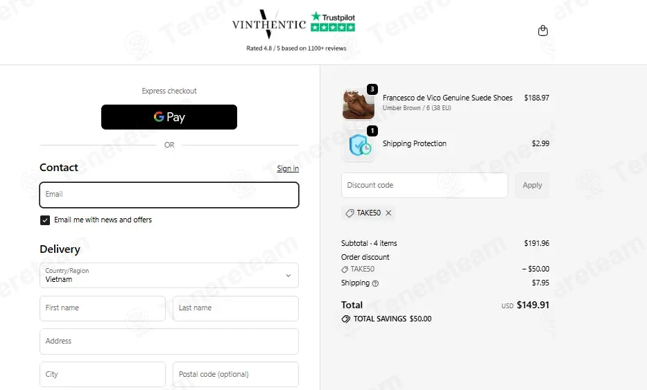 Vinthentic coupon code: $50 off with TAKE50. Tested and valid as 3 weeks ago.