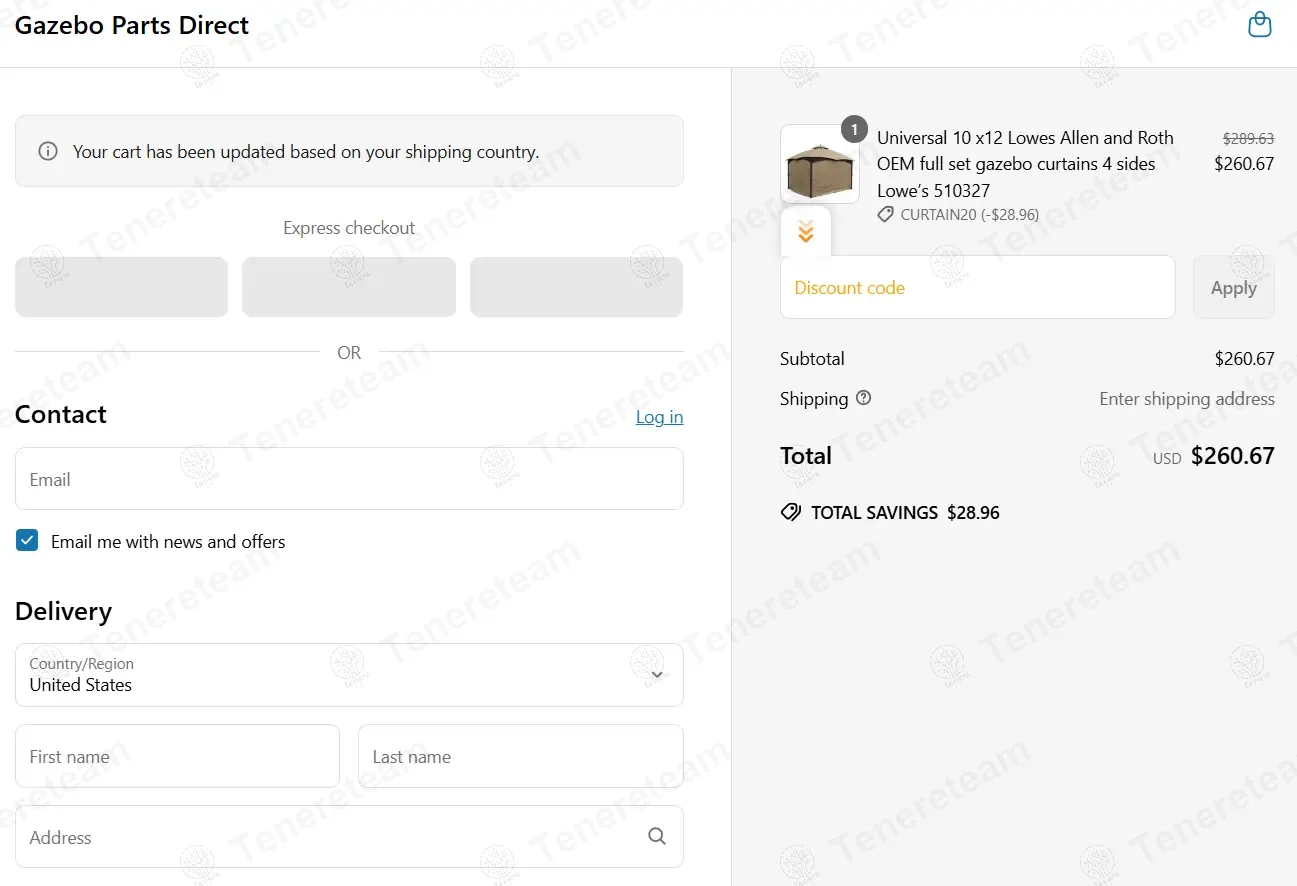 Gazebo Parts Direct coupon code: 10% off with CURTAIN20. Tested and valid as 1 year ago.