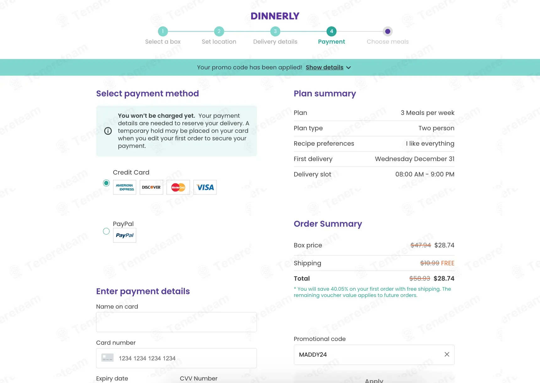 Dinnerly coupon code: 50% off with MADDY24. Tested and valid as 1 week ago.