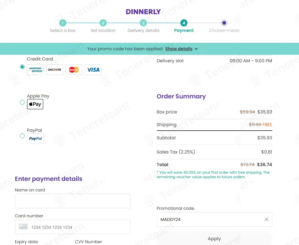 Dinnerly coupon code: 50% off with MADDY24. Tested and valid as 1 week ago.