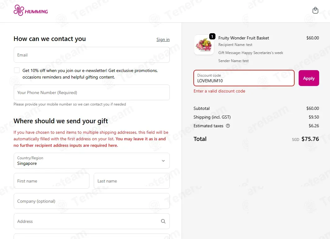 Humming Flowers & Gifts coupon code: 10% off with LOVEMUM10. Tested and valid as 1 month ago.