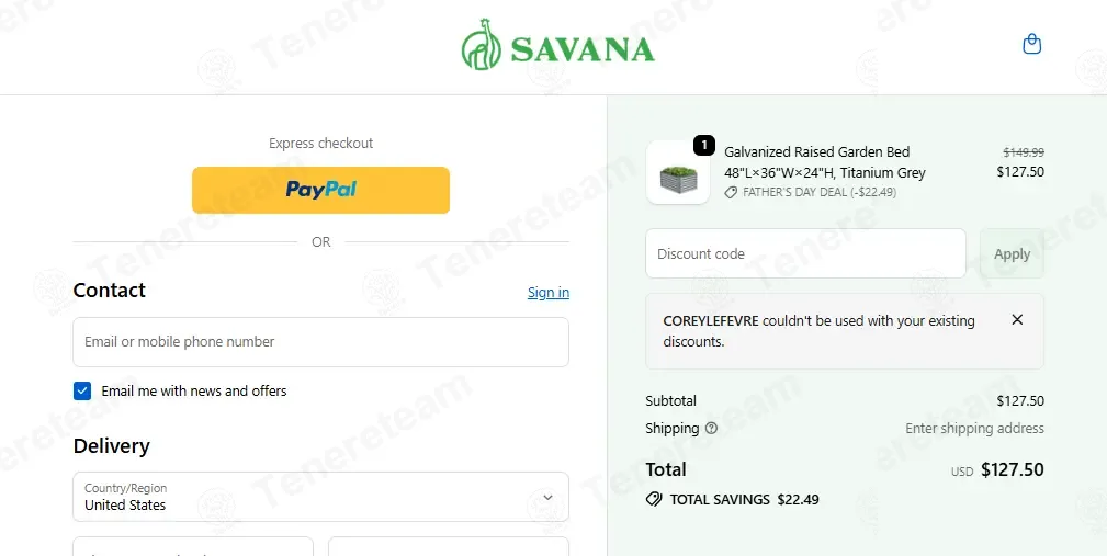 Savana Garden coupon code: 10% off with COREYLEFEVRE. Tested and valid as 2 weeks ago.