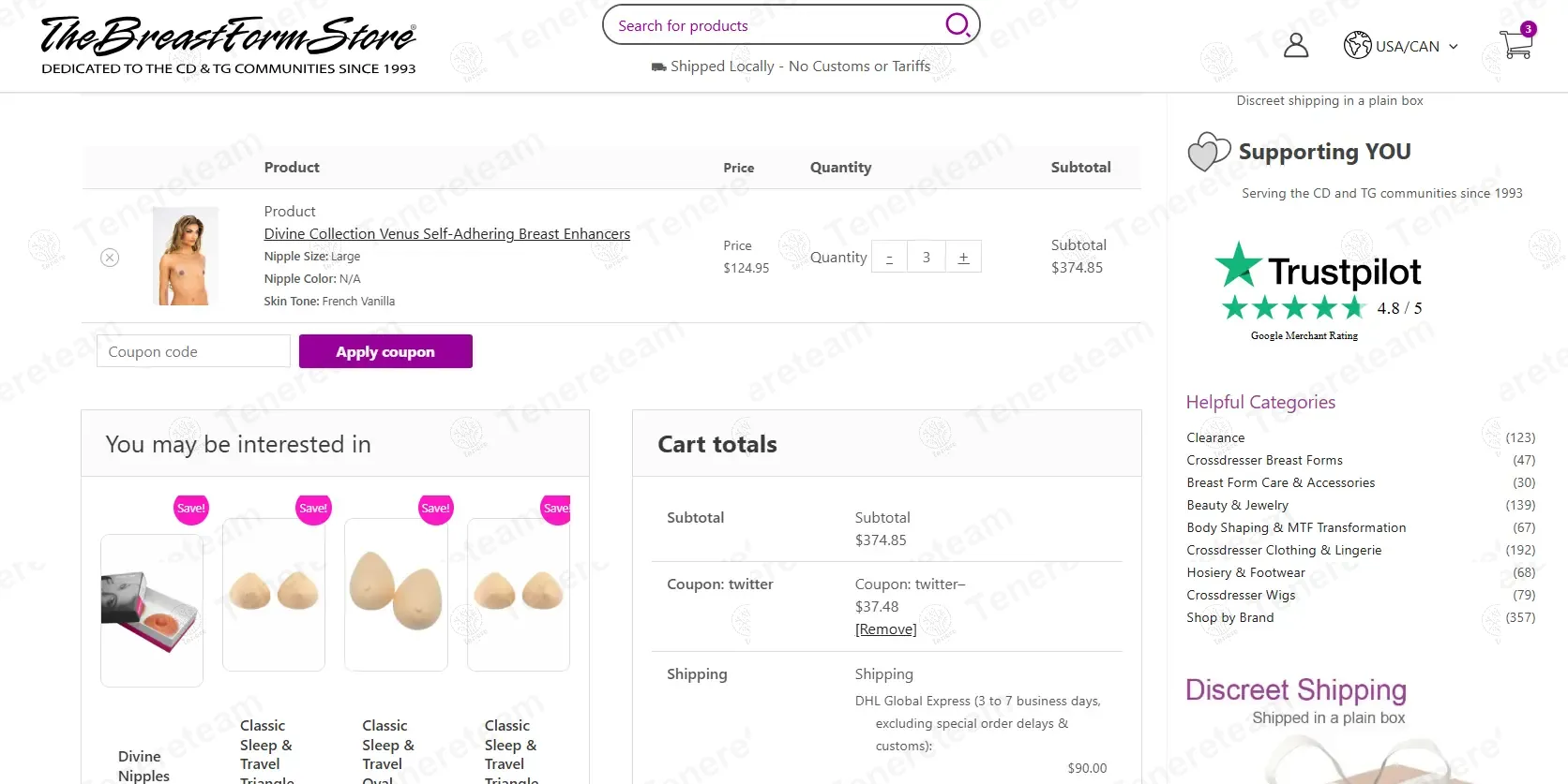 The Breast Form Store coupon code: 10% off with twitter. Tested and valid as 11 months ago.
