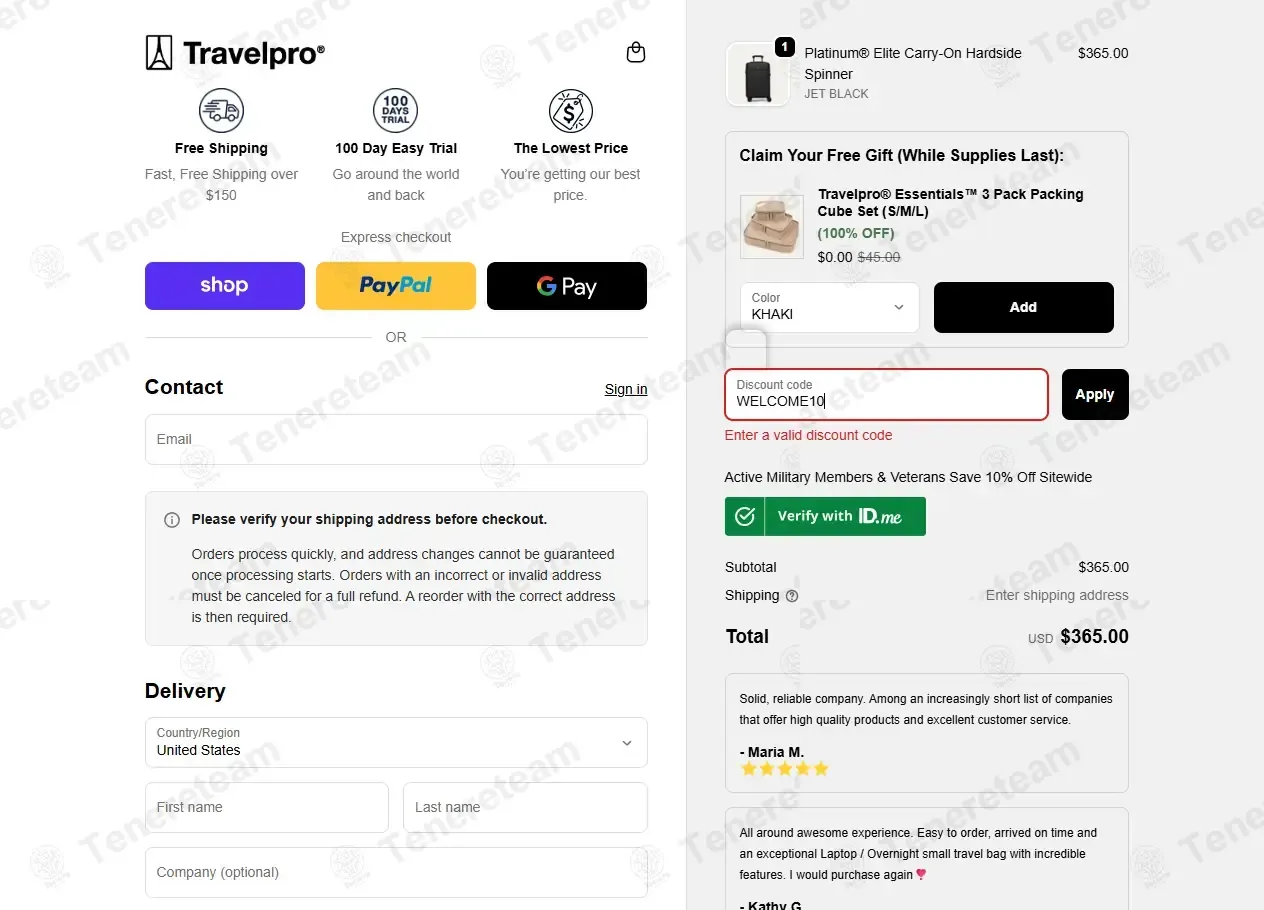 Travelpro coupon code: 10% off with WELCOME10. Tested and valid as 2 months ago.