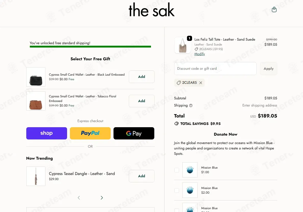 The Sak coupon code: 5% off with 2CLEAR5. Tested and valid as 1 month ago.