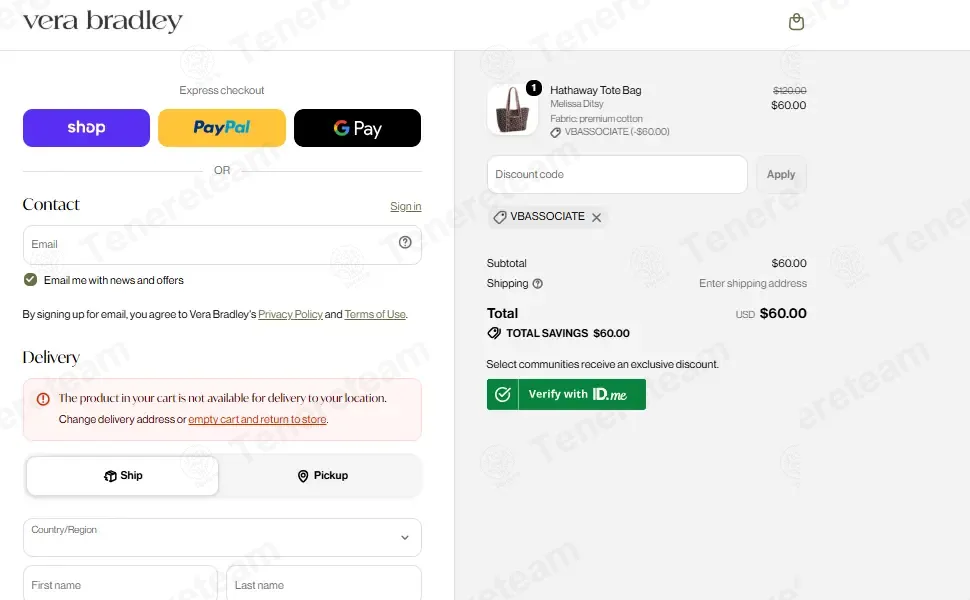 Vera Bradley coupon code: 50% off with VBASSOCIATE. Tested and valid as 3 weeks ago.