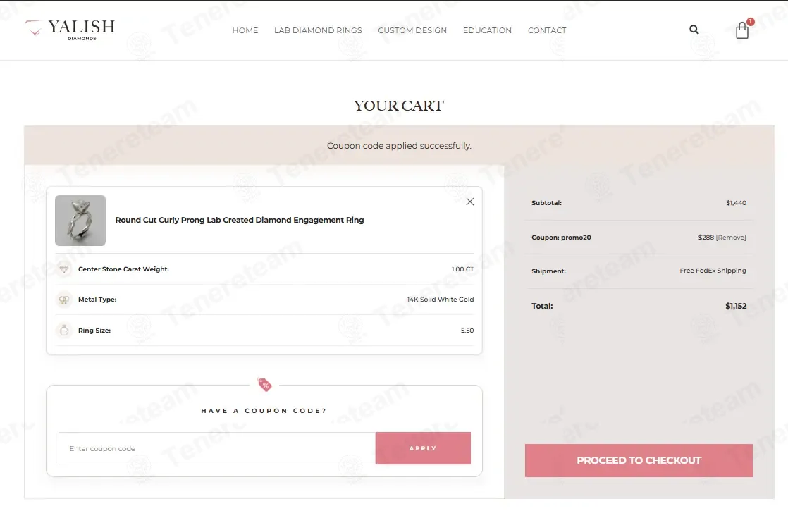Yalish Diamonds coupon code: 20% off with PROMO20. Tested and valid as 3 weeks ago.