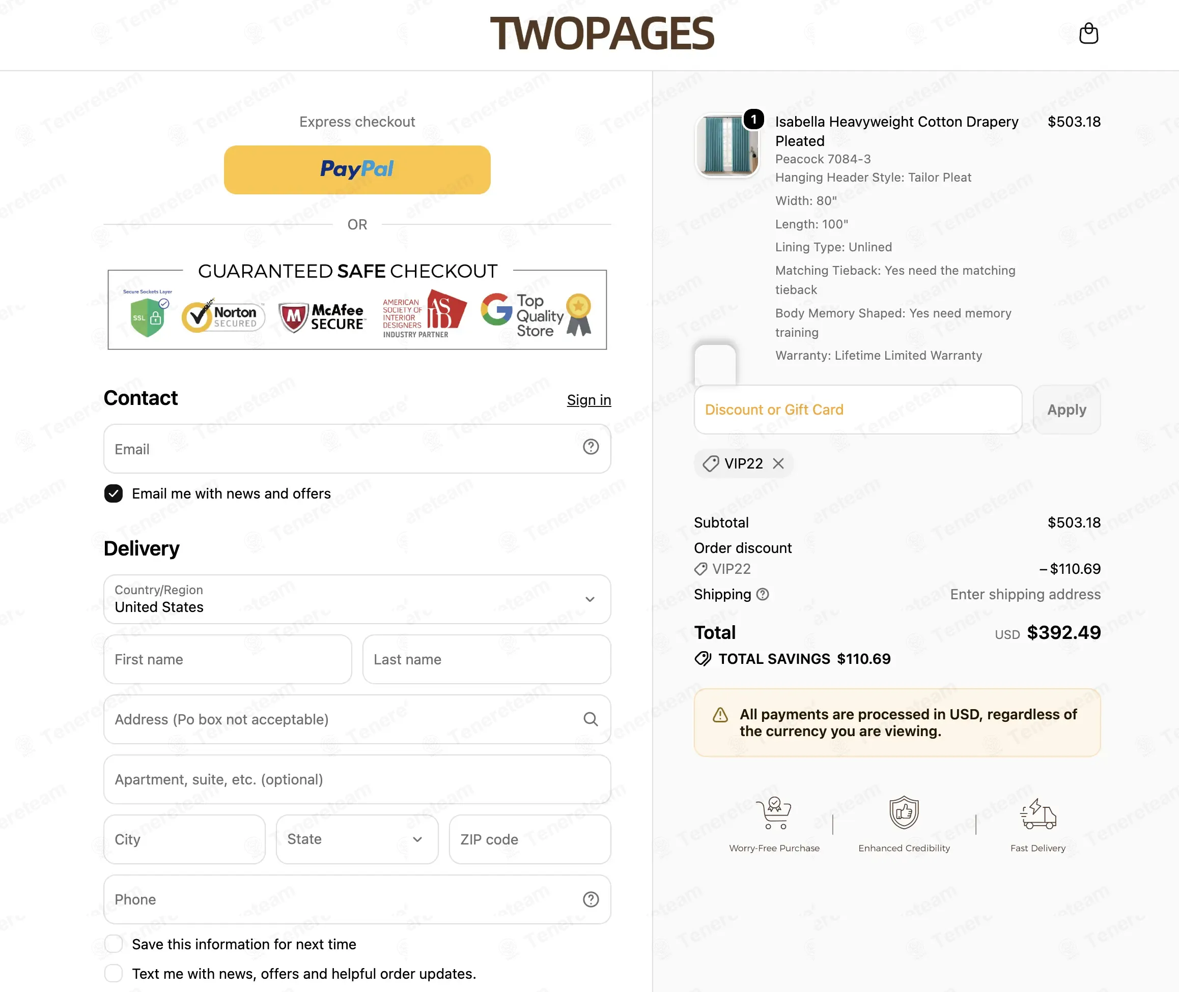 Two Pages Curtains coupon code: 22% off with VIP22. Tested and valid as 1 month ago.