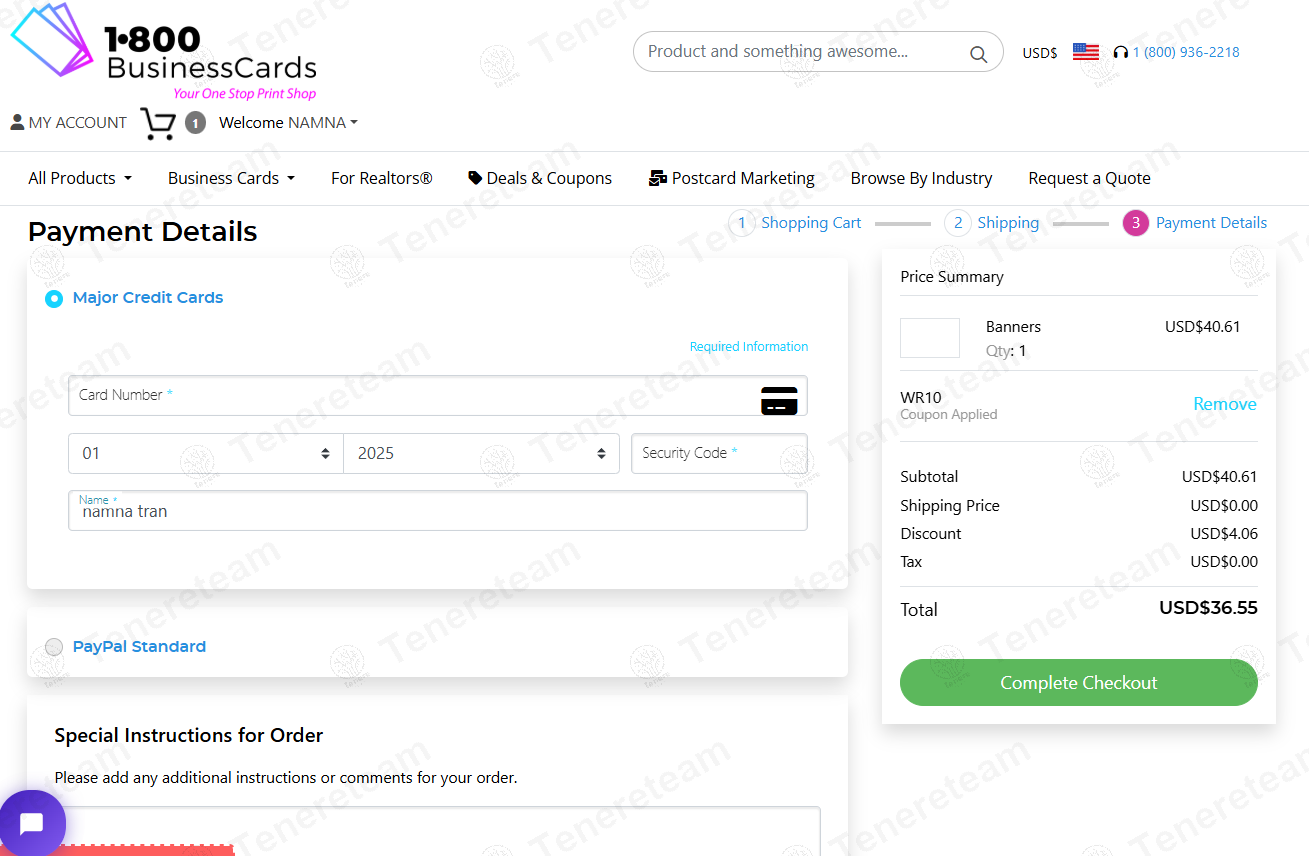 1800Businesscards coupon code: 10% off with WR10. Tested and valid as 1 year ago.