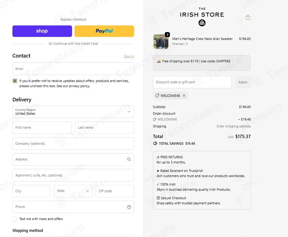 The Irish Store coupon code: 10% off with WELCOME48. Tested and valid as 2 months ago.