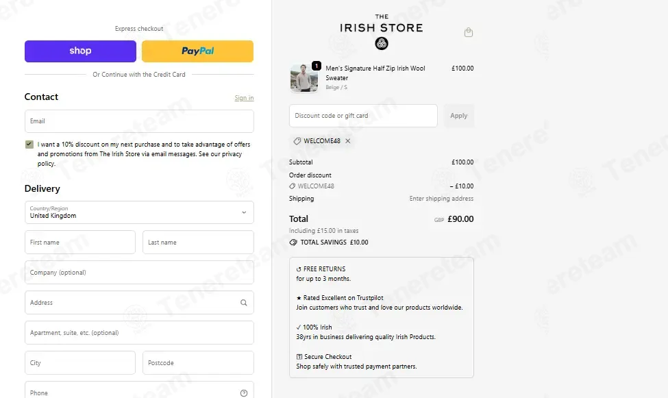 The Irish Store coupon code: 10% off with WELCOME48. Tested and valid as 2 months ago.