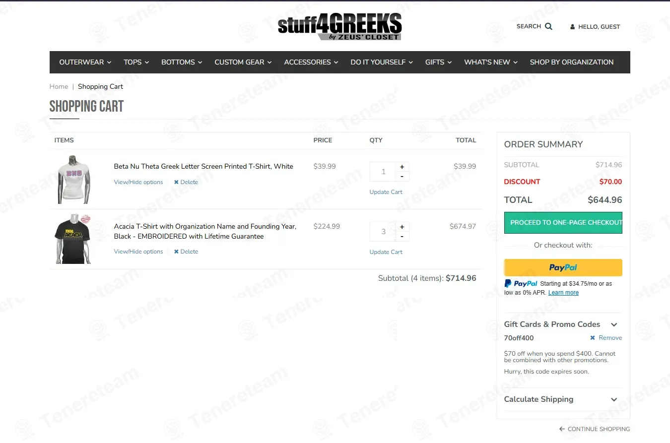Stuff4Greeks coupon code: $70 off with 70off400. Tested and valid as 1 month ago.