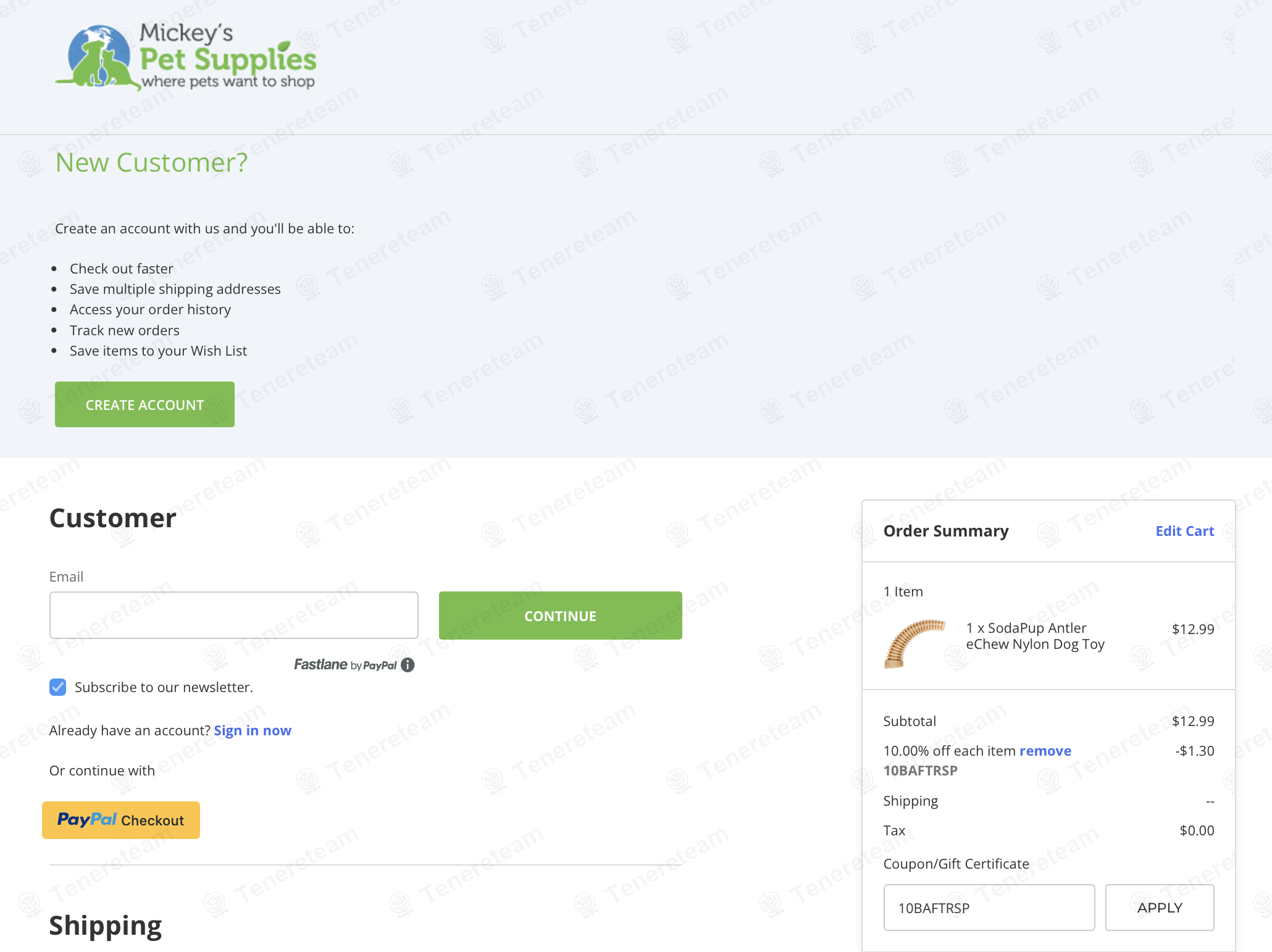 Mickey's Pet Supplies coupon code: 10% off with 10BAFTRSP. Tested and valid as 1 year ago.
