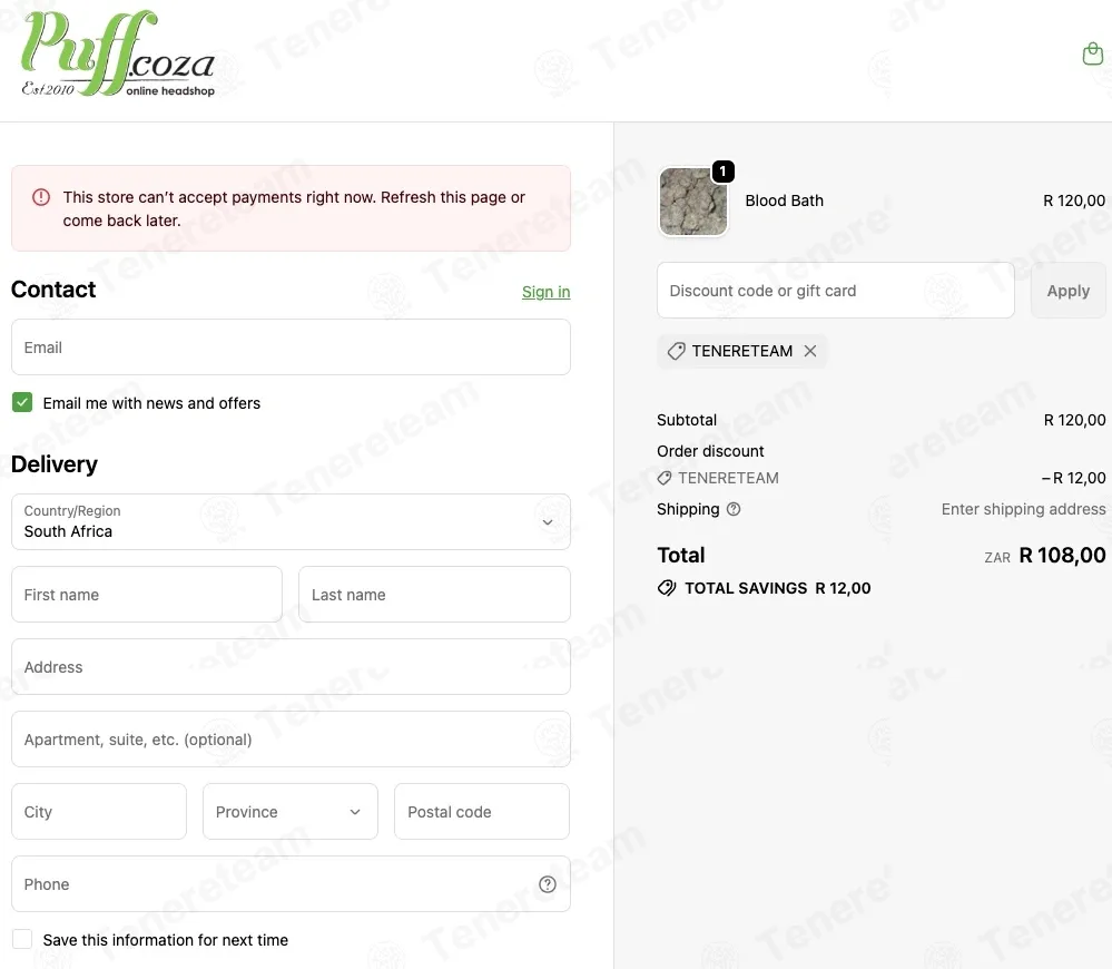 Puff.co.za coupon code: 10% off with TENERETEAM. Tested and valid as 2 months ago.