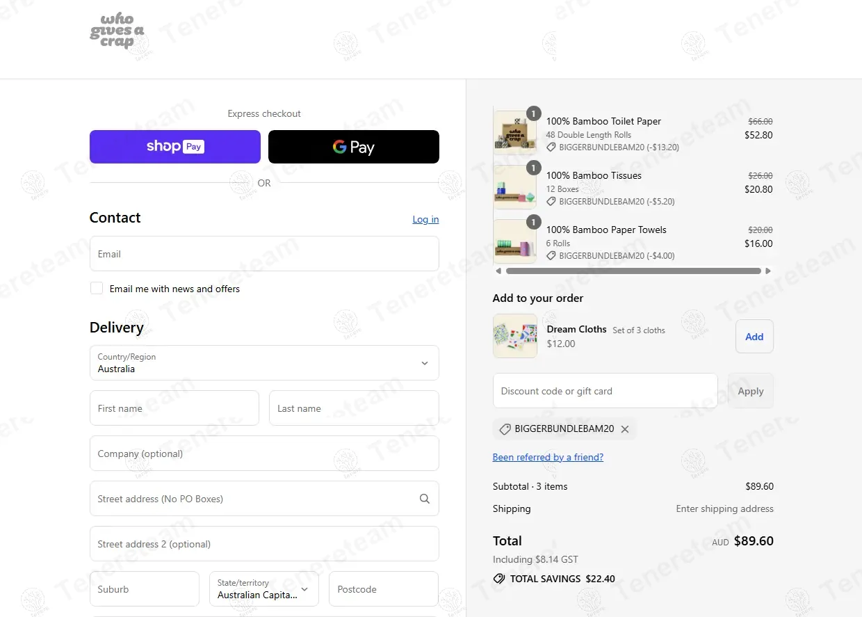 Who Gives A Crap Australia coupon code: 20% off with BIGGERBUNDLEBAM20. Tested and valid as 1 year ago.