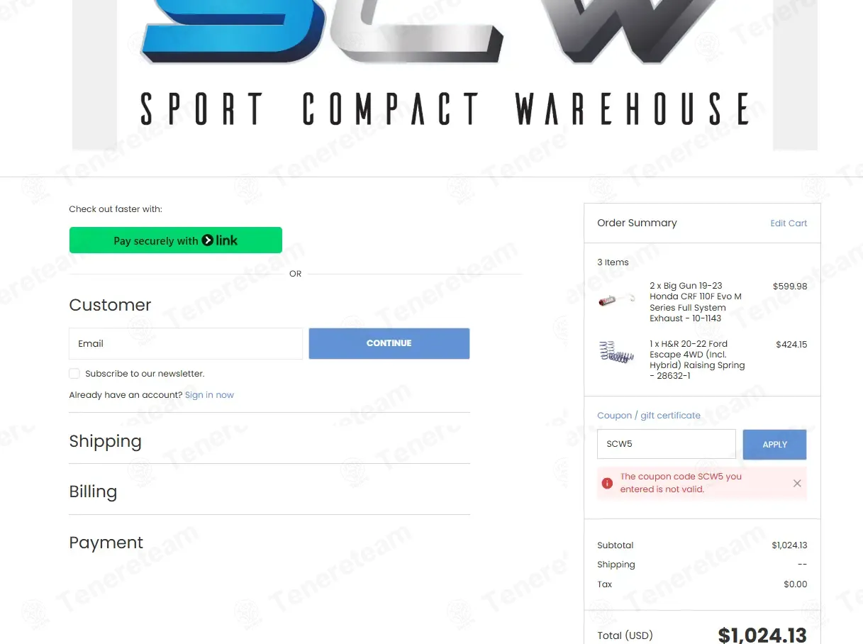 Sport Compact Warehouse coupon code: 5% off with SCW5. Tested and valid as 3 days ago.