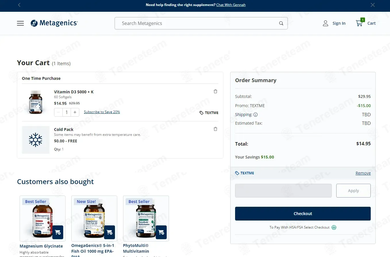 Metagenics coupon code: $15 off with TEXTME. Tested and valid as 1 week ago.
