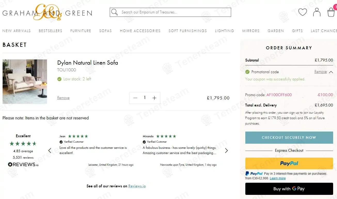 Graham & Green coupon code: £100 off with AF100OFF600. Tested and valid as 1 year ago.