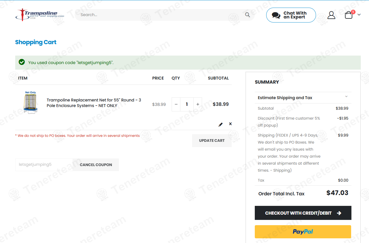 Trampoline Parts And Supply coupon code: 5% off with letsgetjumping5. Tested and valid as 1 year ago.