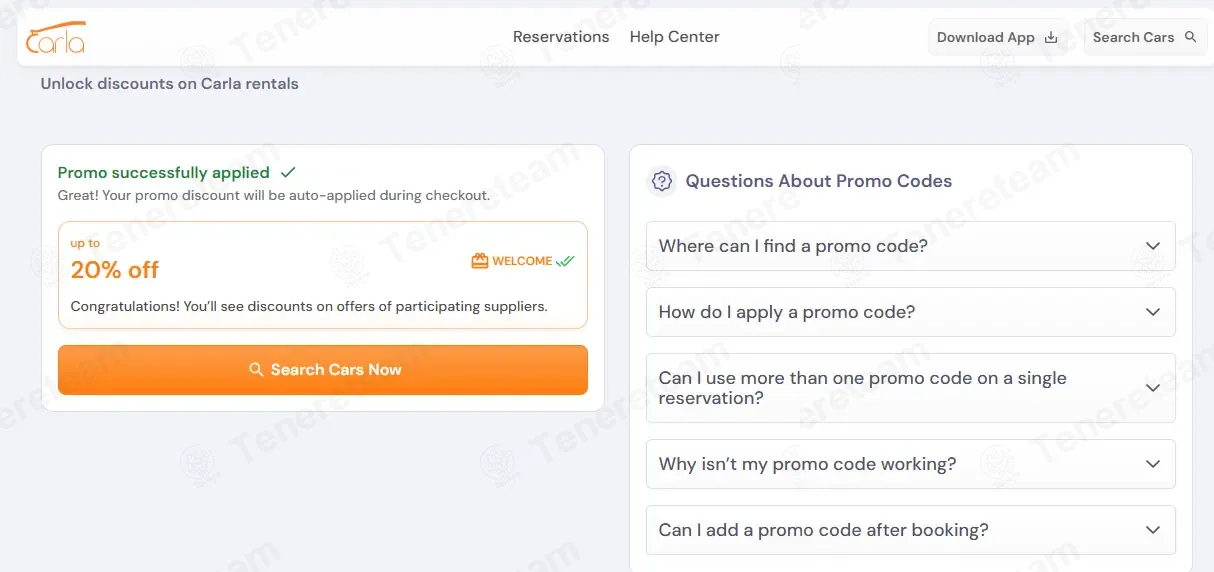 Carla Car Rental coupon code: 20% off with WELCOME. Tested and valid as 4 days ago.