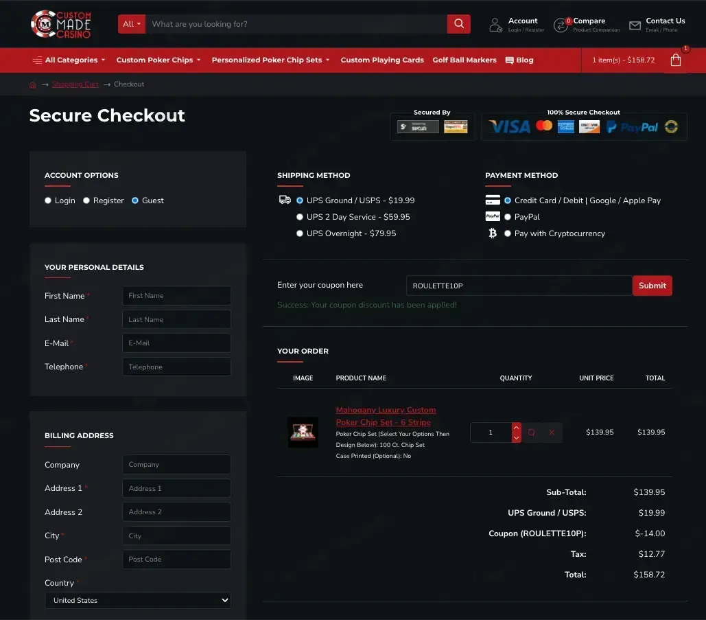 Custom Made Casino coupon code: 10% off with ROULETTE10P. Tested and valid as 2 months ago.