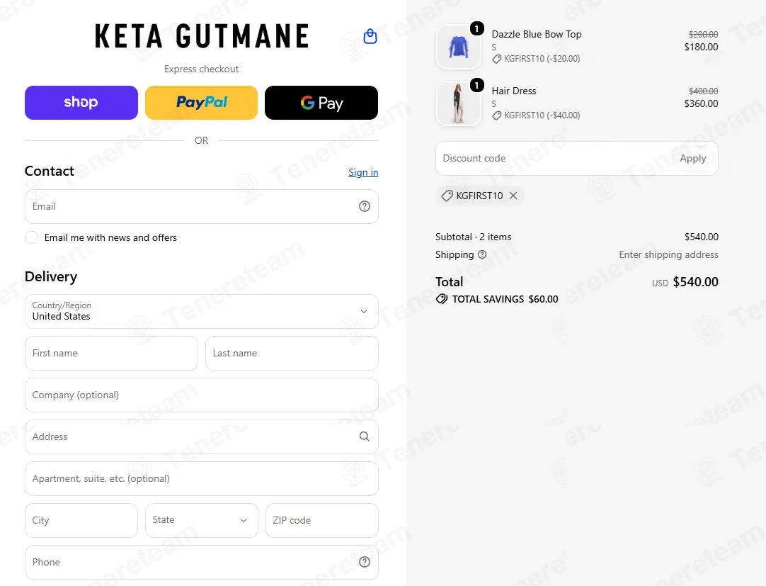 Keta Gutmane coupon code successfully applied at checkout